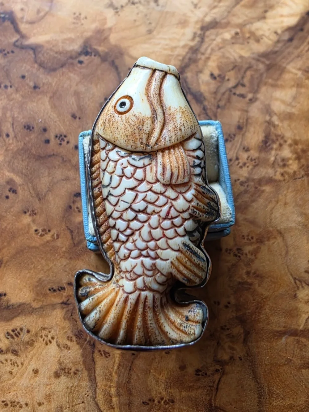 Handmade Sterling & Carved Bone (?) Koi Ring